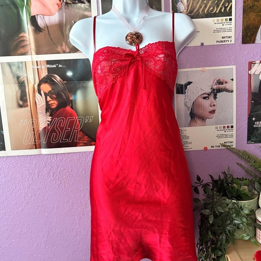 Cherry Red Satin Lace Slip Dress Size M